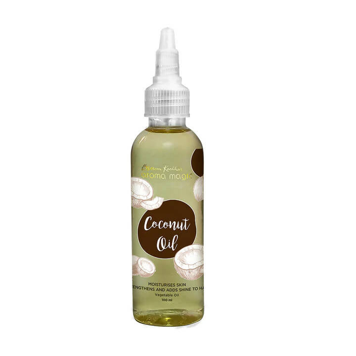 Bottle of coconut oil with a white cap on a white background