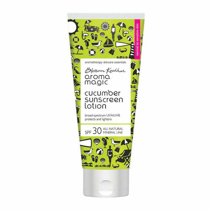 Tube of Aroma Magic cucumber sunscreen lotion on a white background