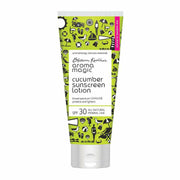 Tube of Aroma Magic cucumber sunscreen lotion on a white background