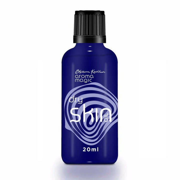 Blue bottle labeled 'Aroma Magic' for dry skin on a white background
