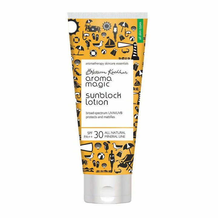 Tube of Aroma Magic sunblock lotion with a yellow pattern on a white background