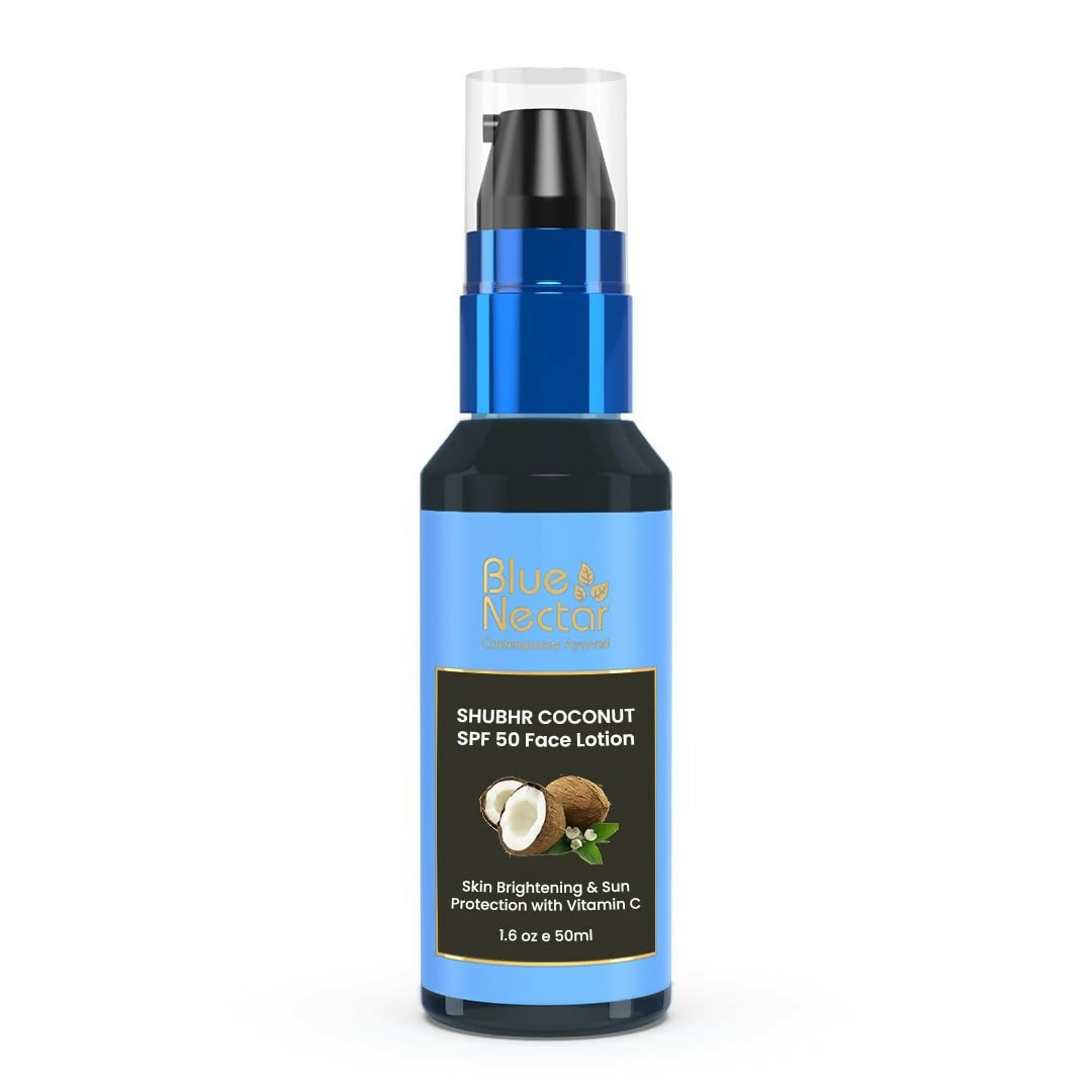 Blue Nectar Shubhr Coconut SPF 50 Face Lotion bottle on a white background