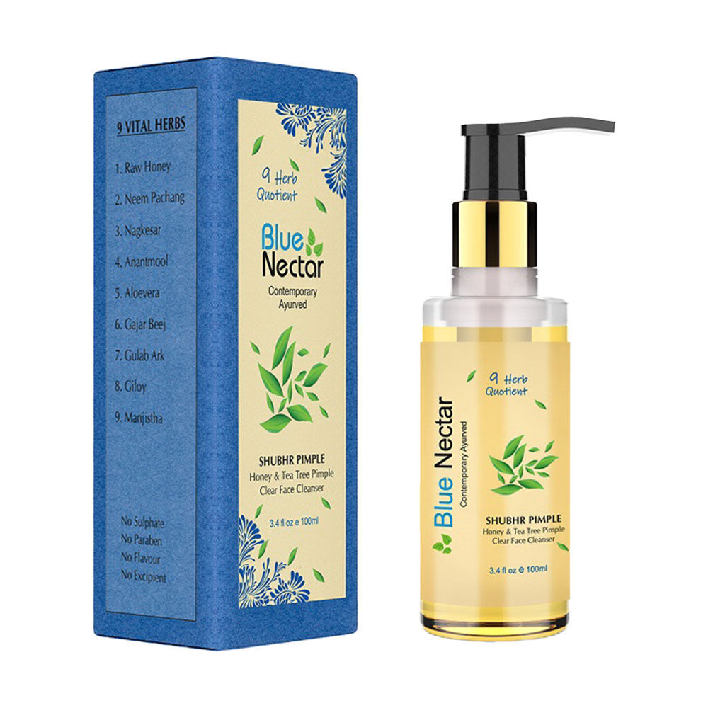 Blue Nectar Shubhr Pimple Face Cleanser packaging and bottle with pump. The packaging is blue with text and images of herbs, and the bottle is clear with a gold pump.