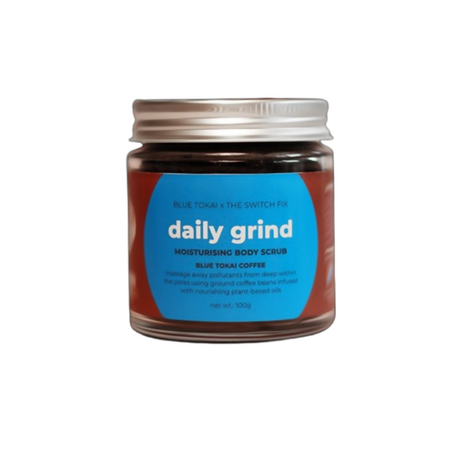 Jar of daily grind moisturising body scrub with blue label on a white background