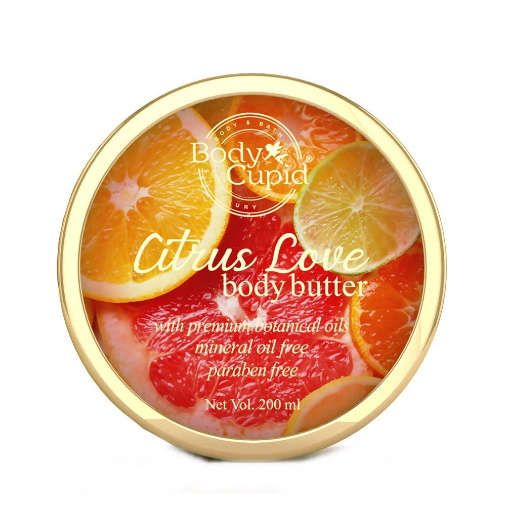Body butter container with citrus design and 'Body Cupid' branding on a white background