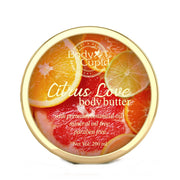 Body butter container with citrus design and 'Body Cupid' branding on a white background