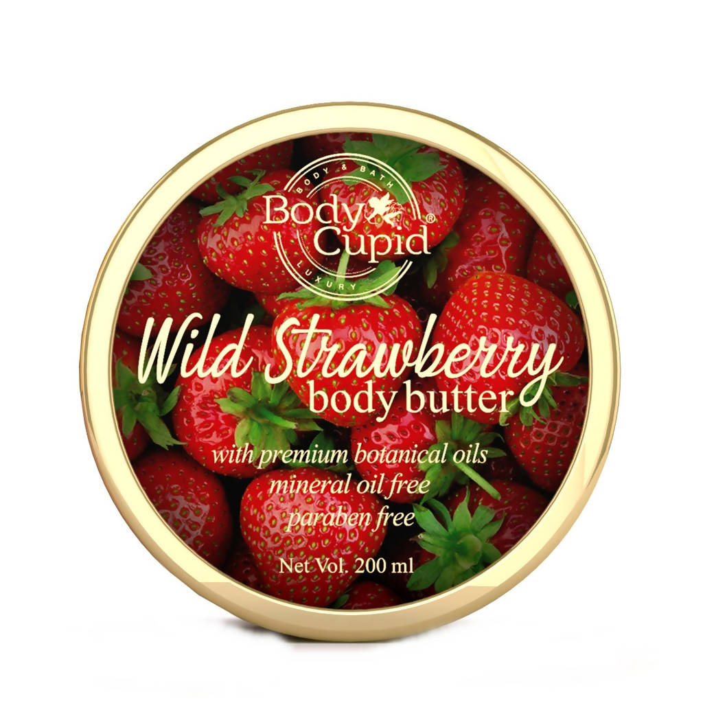 Body Cupid Wild Strawberry body butter container with strawberry design on a white background