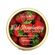 Body Cupid Wild Strawberry body butter container with strawberry design on a white background