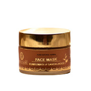Jar of face mask with gold lid and brown label on a white background