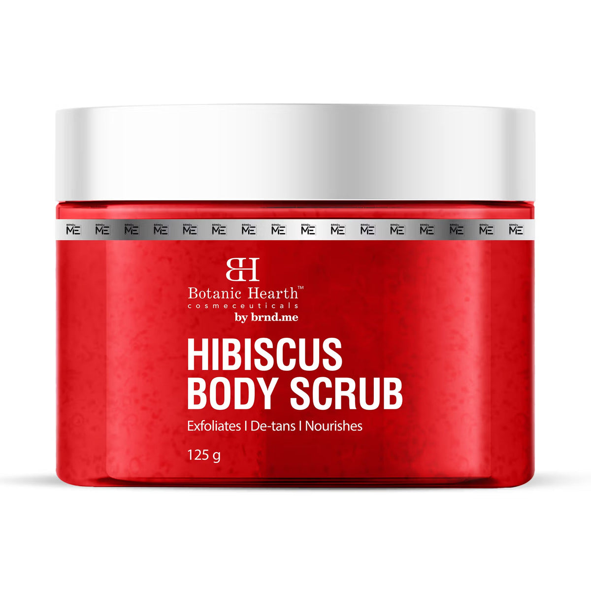 Red jar of Botanic Hearth Hibiscus Body Scrub on a white background