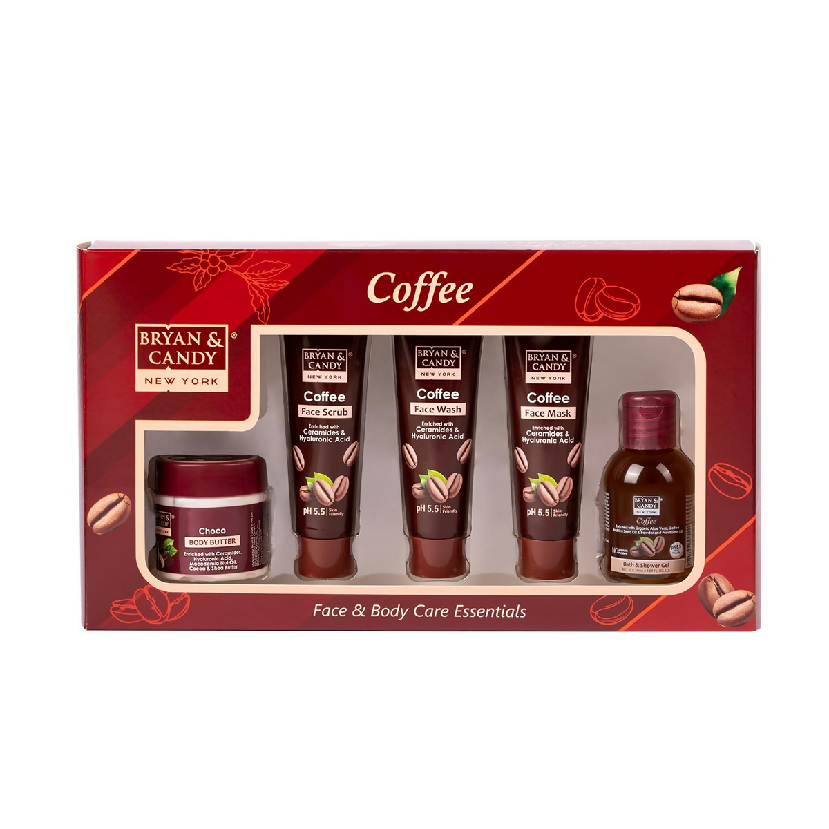 Bryan & Candy New York coffee-themed face and body care set in a red box.