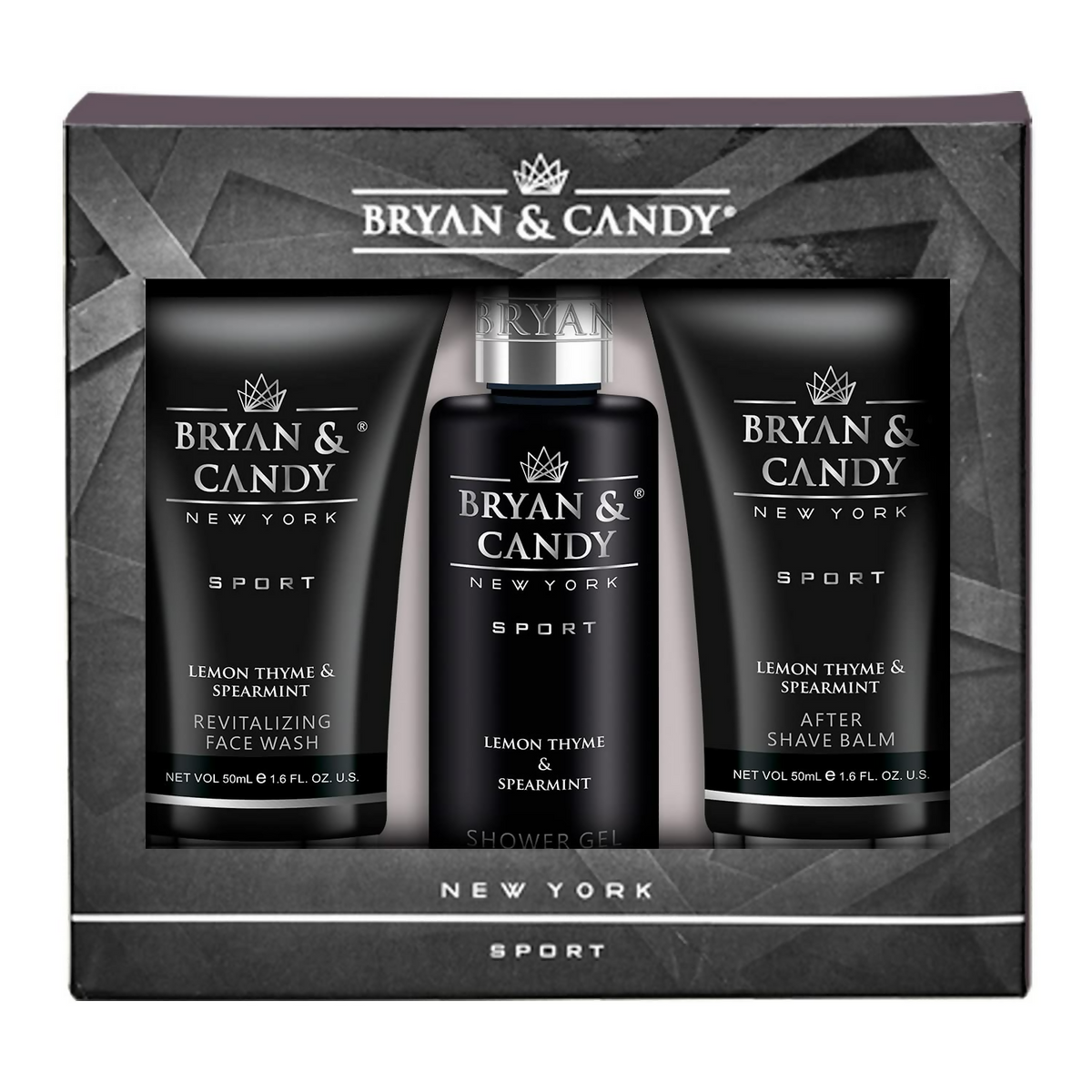 Bryan & Candy New York grooming set with face wash, shower gel, and after shave balm in a black box.