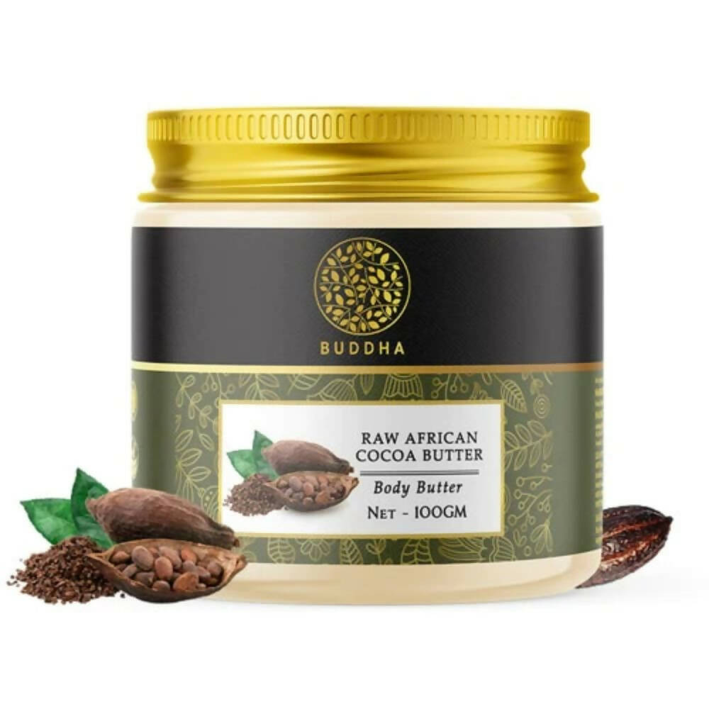 Jar of Buddha Raw African Cocoa Butter Body Butter with gold lid on a white background
