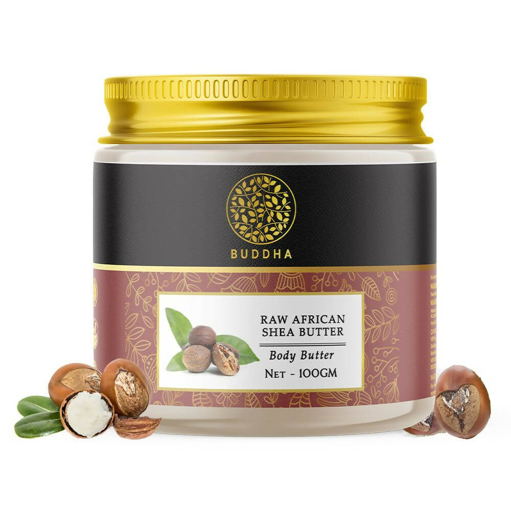 Jar of Raw African Shea Butter with gold lid and black label on a white background