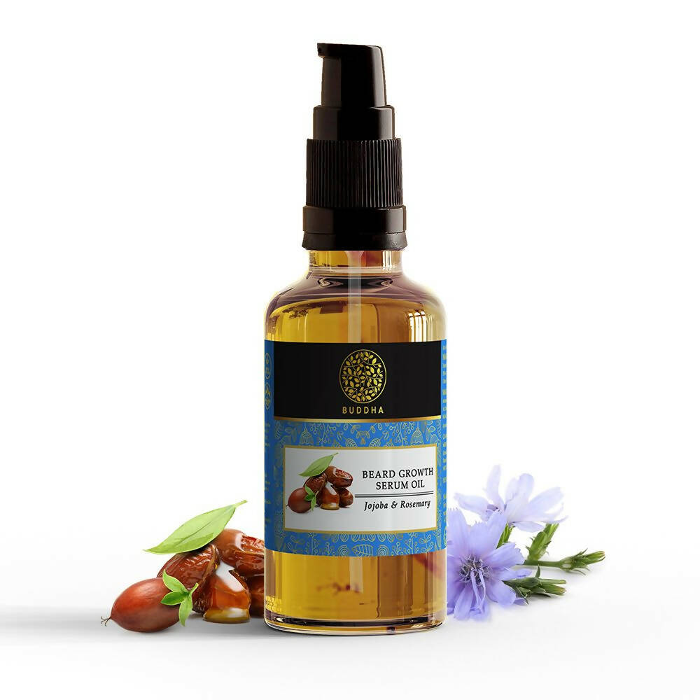 Beard growth serum oil bottle with ingredients on a white background