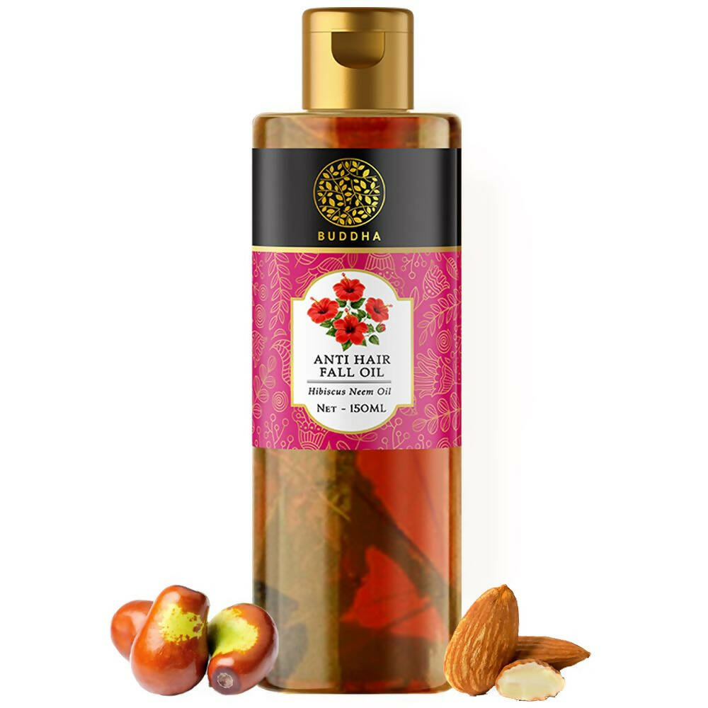 Bottle of Buddha Anti Hair Fall Oil with ingredients on a white background