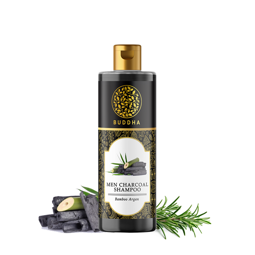 Buddha Men Charcoal Shampoo bottle with charcoal pieces and rosemary on a white background