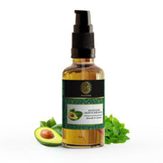 Bottle of moustache growth serum oil with avocado and mint leaves on a white background