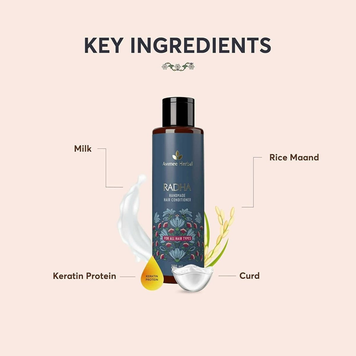 Avimee Herbal Radha Hair Conditioner For All Hair Type With Keratin Protein, Rice Protein, Apple Cider Vinegar & Aloe Vera, Makes Hair Silky Smooth
