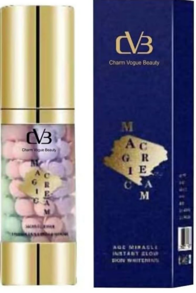 Cosmetic bottle with gold cap and colorful label next to a blue box labeled 'Charm Vogue Beauty' on a white background.