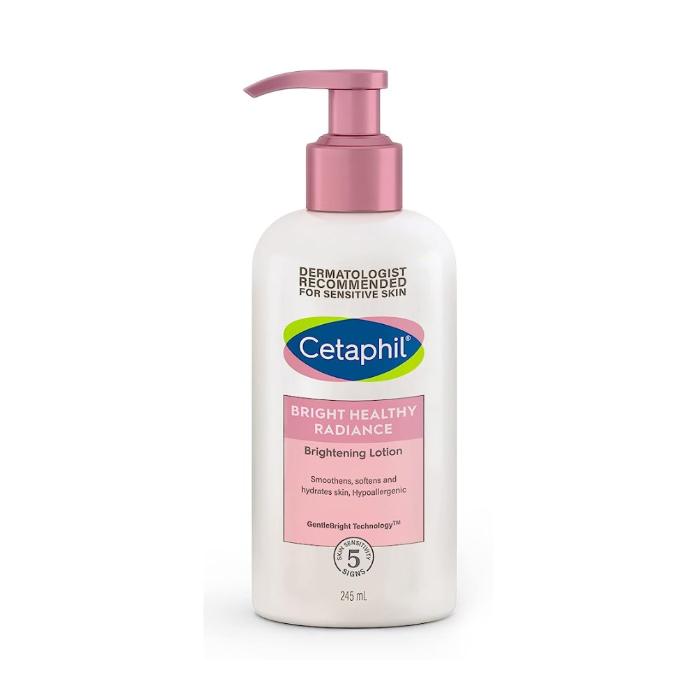 Cetaphil brightening lotion bottle with pink pump on a white background