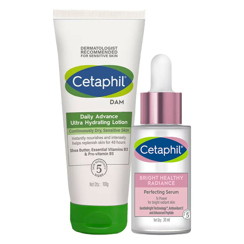 Cetaphil Daily Advance Ultra Hydrating Lotion and Bright Healthy Radiance Perfecting Serum on a white background