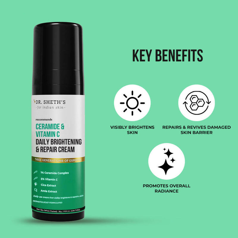 Dr. Sheth's Ceramide & Vitamin C Daily Brightening & Repair Face Cream With 5% Vitamin C, Cica & Amla, Brightens & Repairs Skin - Limited Time Offer