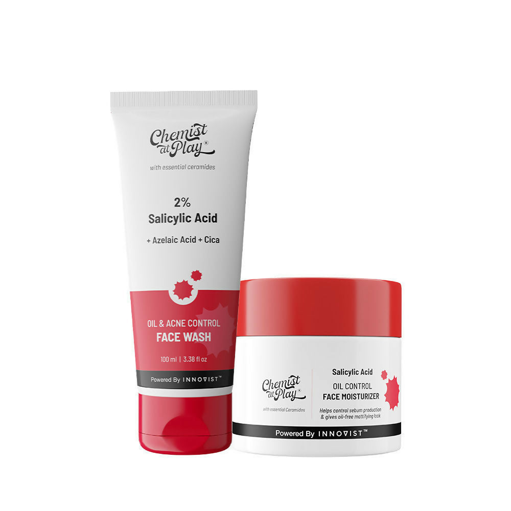 Chemist At Play acne control regime combo, featuring a tube labeled 2% Salicylic Acid Face Wash and a moisturizer jar labeled Oil Control Face Moisturiser with Salicylic Acid & Ceramide.