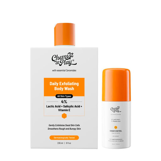 Chemist At Play Exfoliating Body Wash 236ml | Removes Tan, Fights Body Acne, Strawberry Skin | 4% (Salicylic Acid, Vitamin E & Lactic Acid) | Gentle Exfoliating Shower Gel For Women & Men