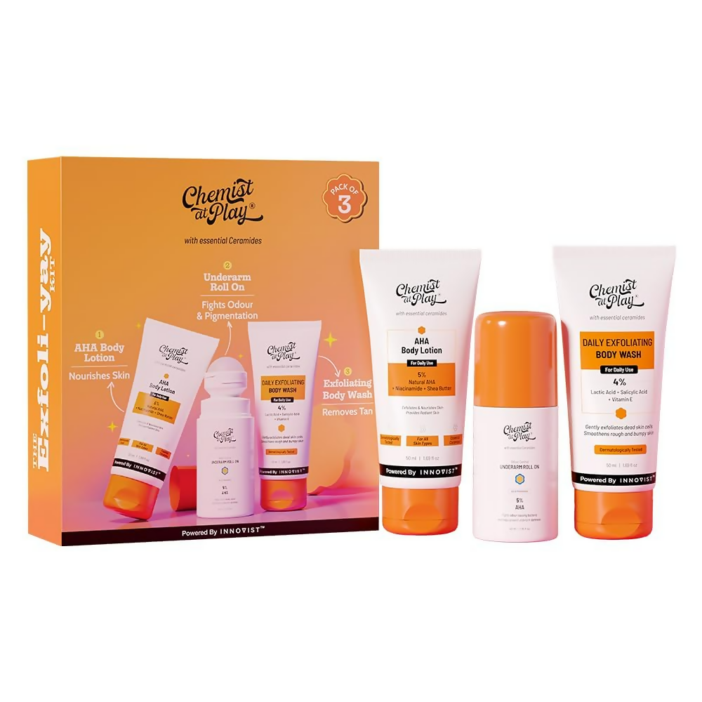 Chemist at Play skincare product set with packaging on a white background