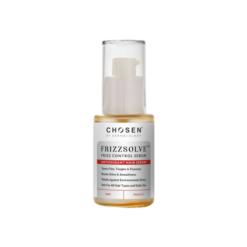 Chosen FrizzSolve frizz control serum bottle on a white background