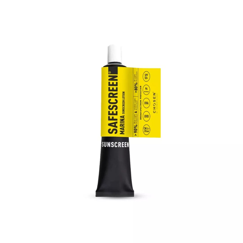 Sunscreen tube with yellow label on a white background