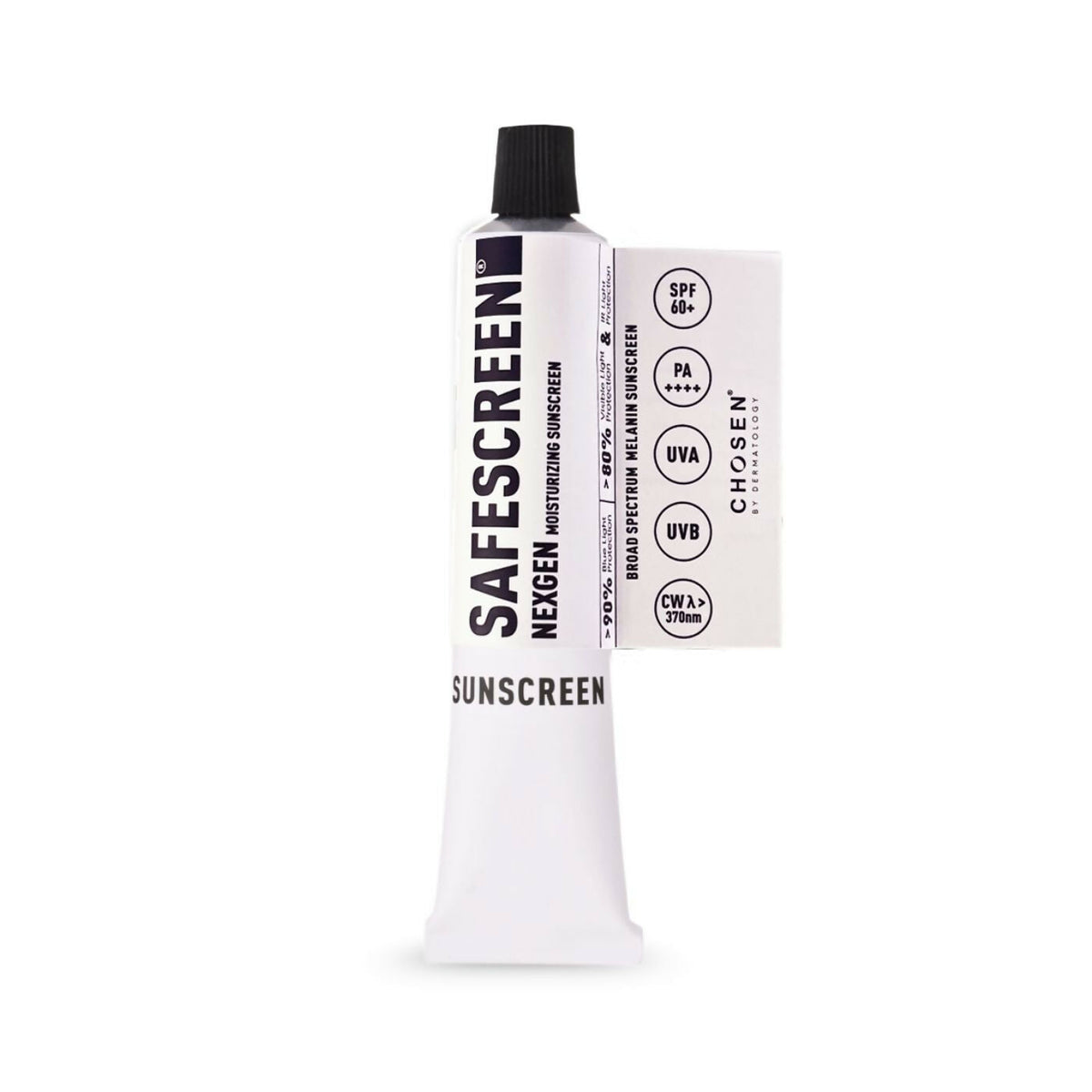 Sunscreen tube labeled 'SAFESCREEN' on a white background