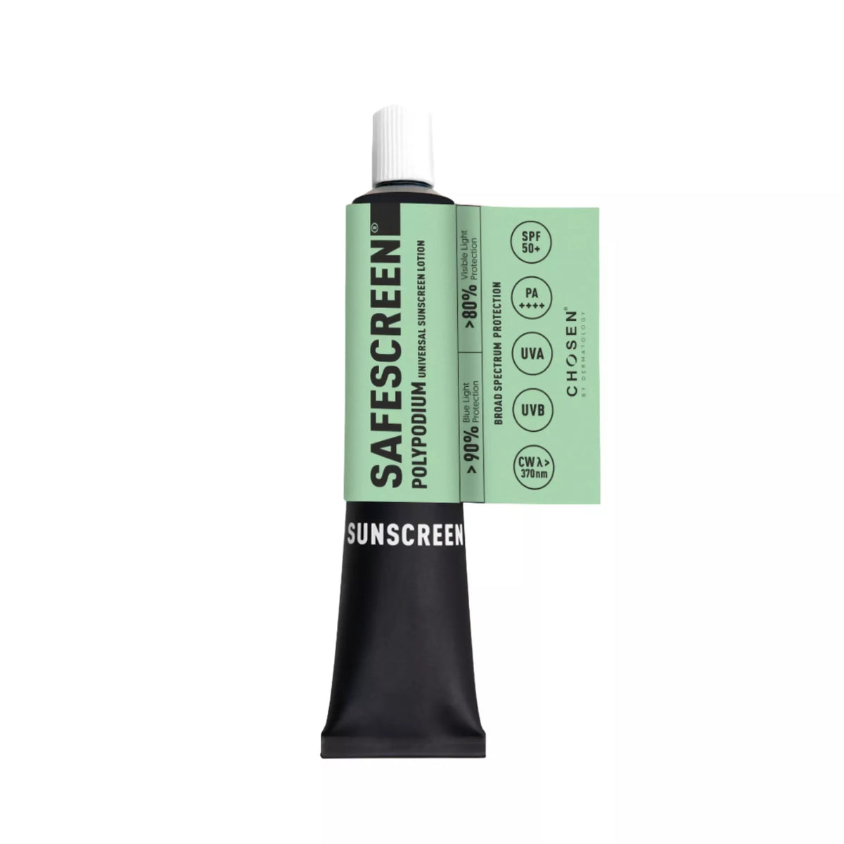 Sunscreen tube with green label on a white background