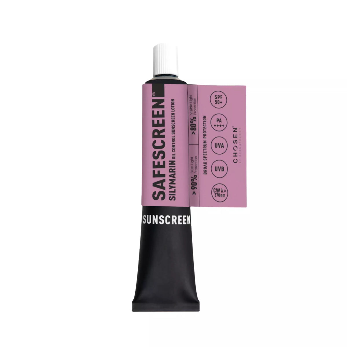 Sunscreen tube with pink label on a white background