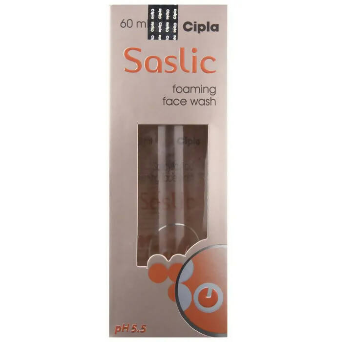 Packaging of Cipla Saslic Foaming Face Wash with a clear window showing the product bottle inside. The package is primarily white with orange accents and black text, indicating it is a skincare product.