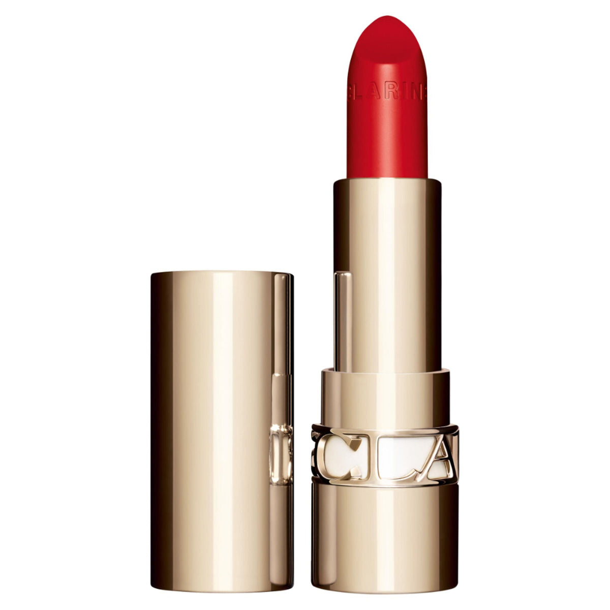 Red lipstick with gold casing on a white background