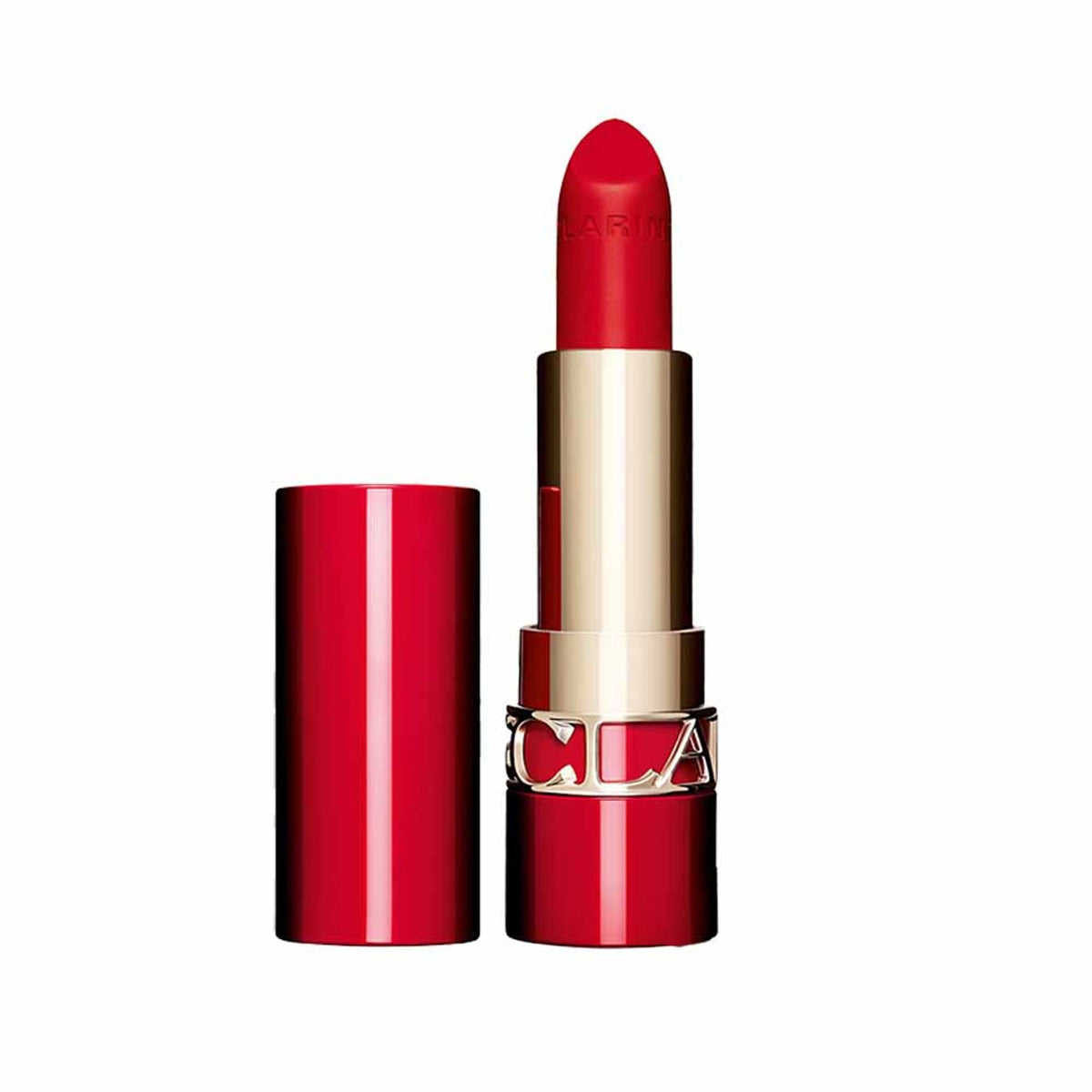 Red lipstick with gold cap on a white background
