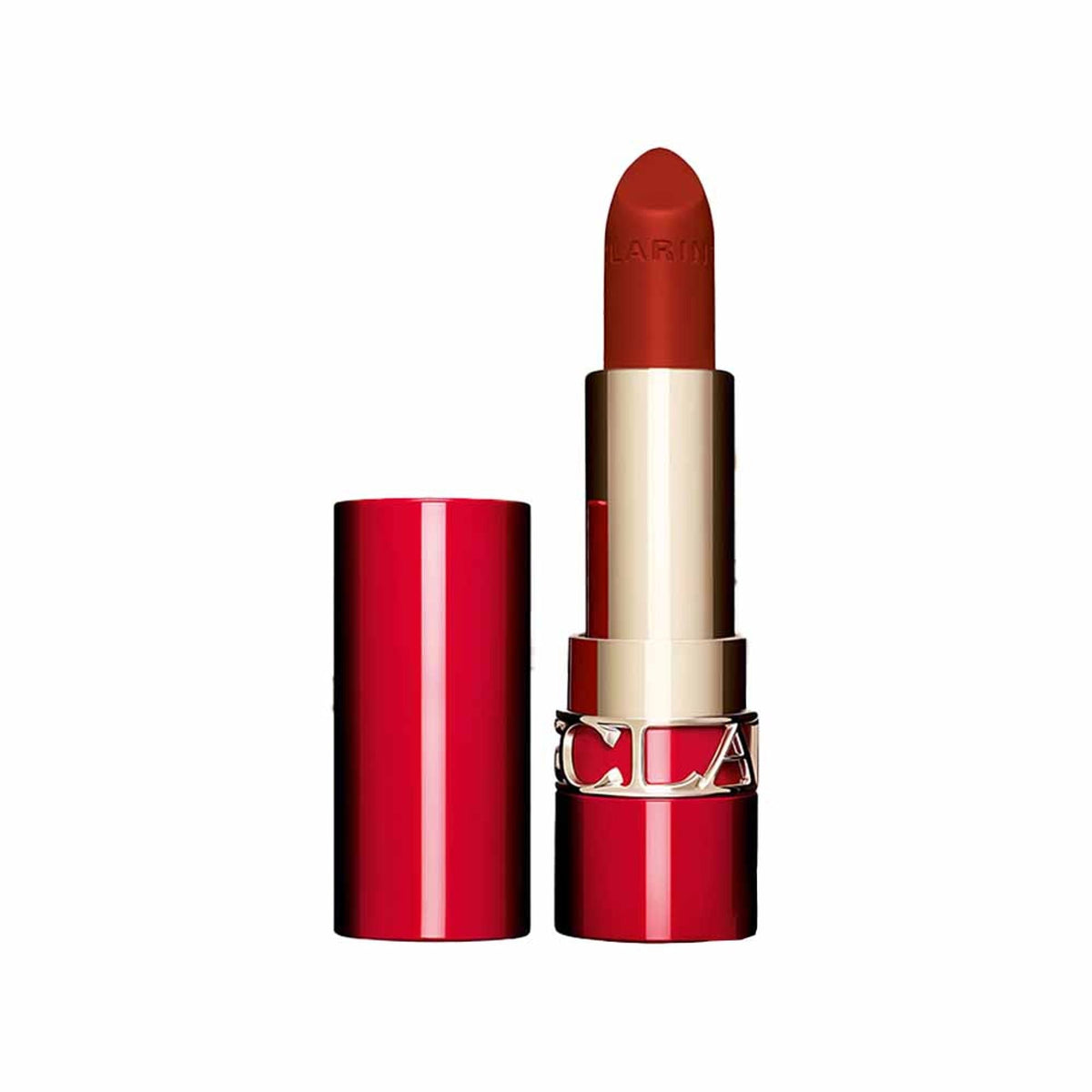 Red lipstick with gold cap on a white background