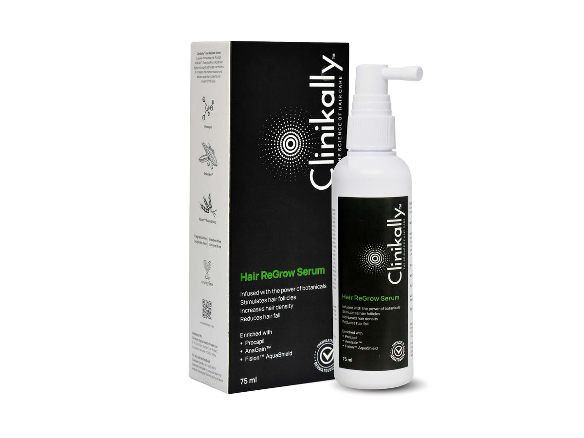 Clinikally Hair ReGrow Serum bottle and packaging on a white background