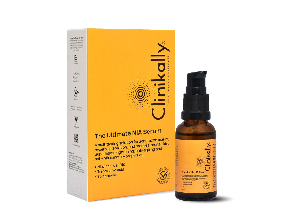 Clinikally NIA Serum bottle and packaging on a white background