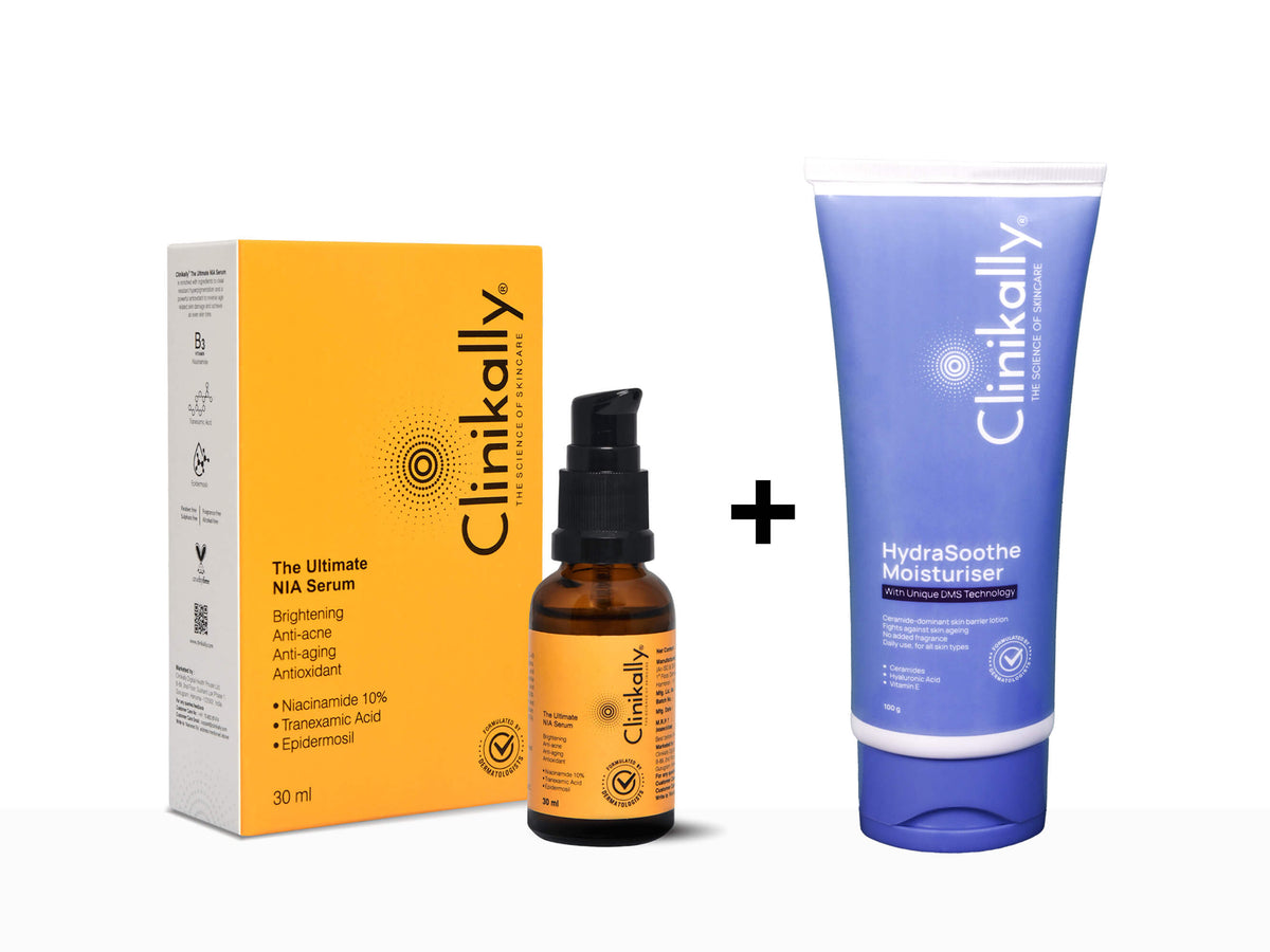 Clinikally skincare products including serum, bottle, and tube on a white background