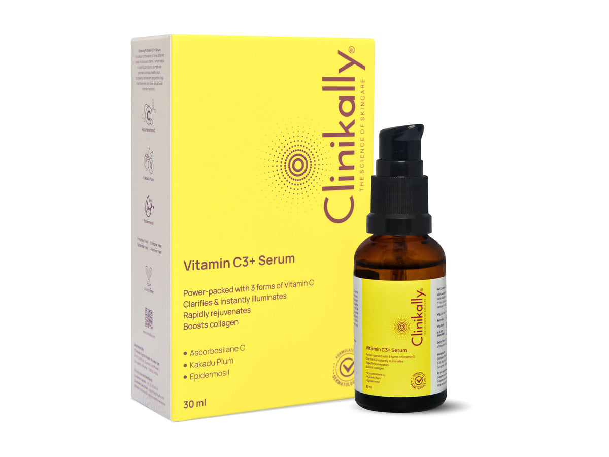Clinikally Vitamin C3+ Serum bottle and packaging on a white background