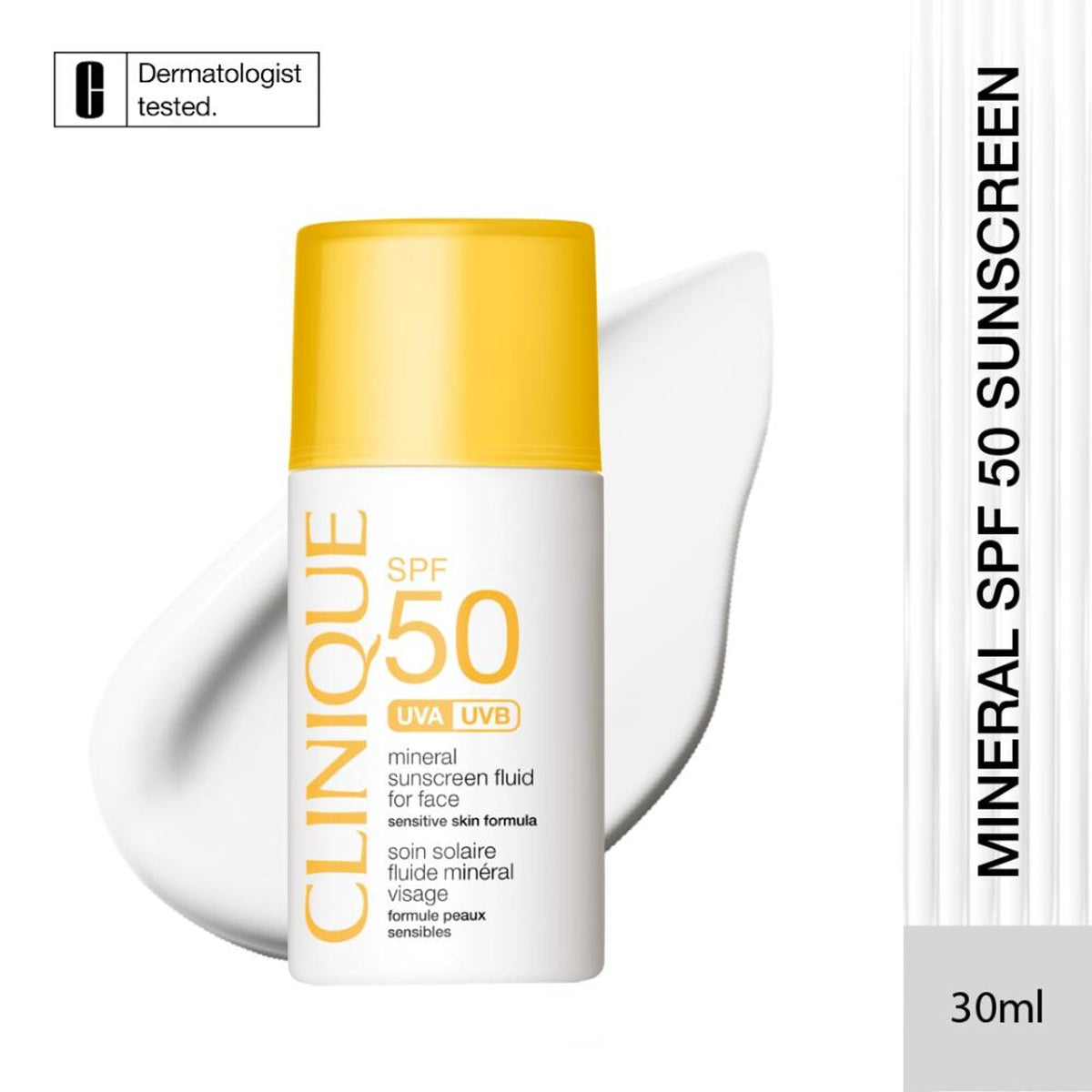 Clinique SPF 50 sunscreen bottle with yellow cap on a white background