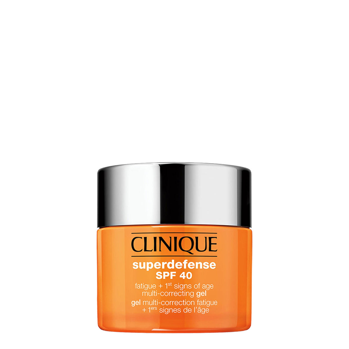 Clinique Superdefense SPF 40 skincare gel jar on a white background