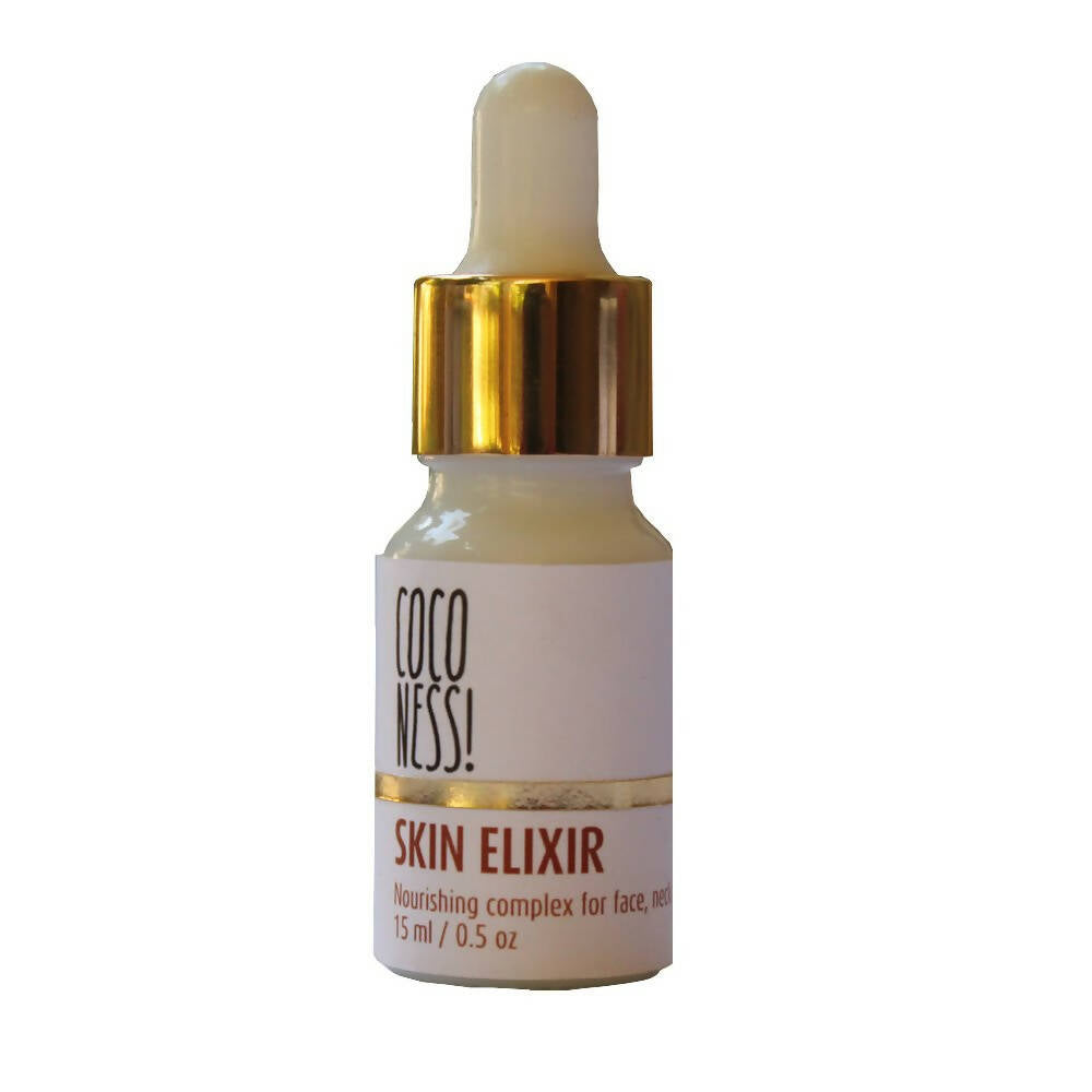 Skincare dropper bottle labeled 'Coco Ness Skin Elixir' on a white background