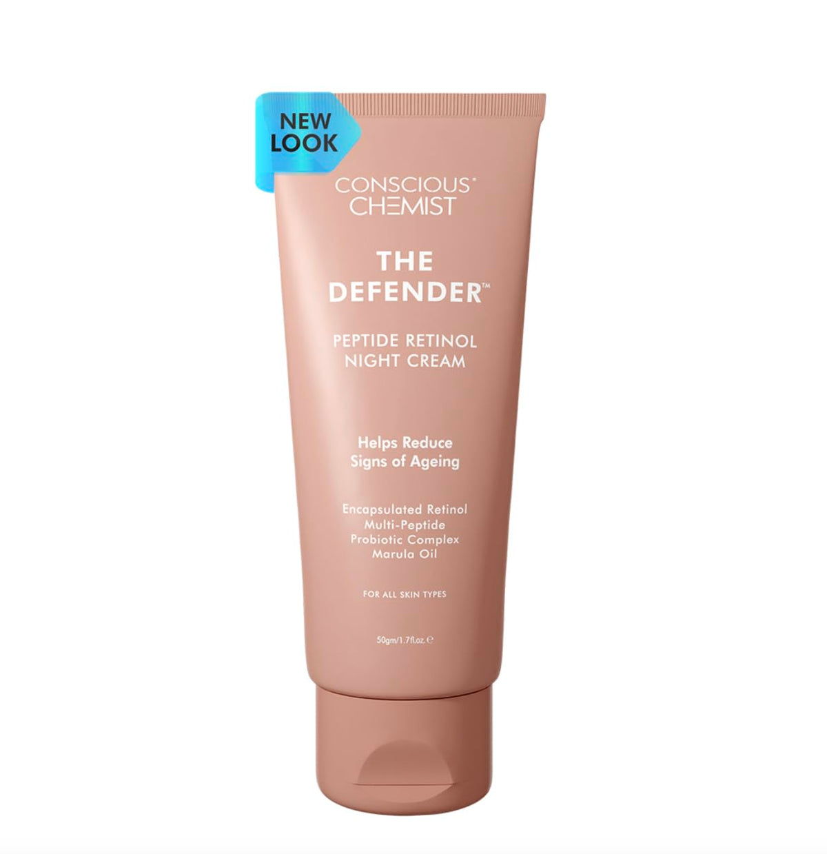 Tube of Conscious Chemist The Defender Peptide Retinol Night Cream on a white background