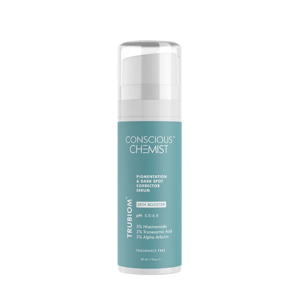 Skincare serum bottle with 'Conscious Chemist' branding on a white background