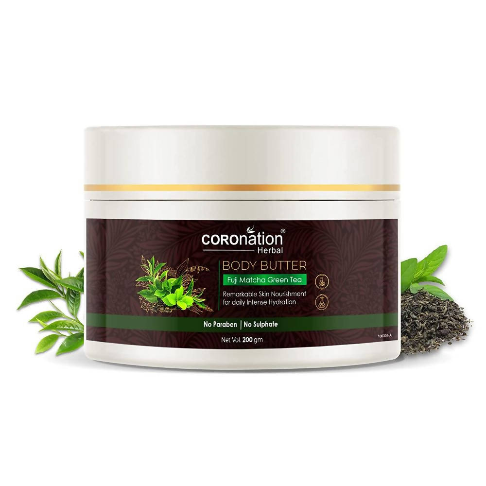 Jar of Coronation Herbal body butter with green leaves on a white background