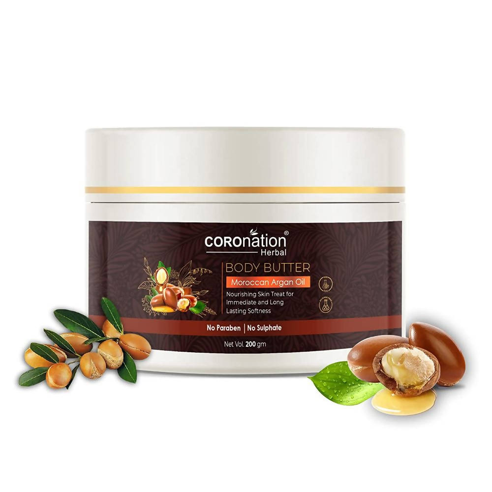 Coronation Herbal body butter jar with Moroccan argan oil on a white background